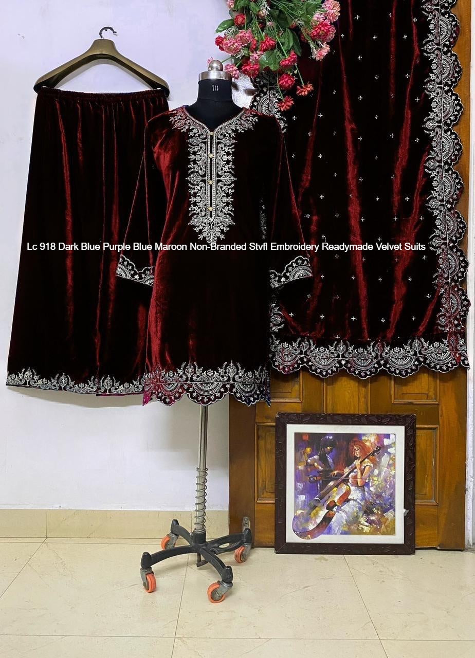 Lc 918 Dark Blue Purple Blue Maroon Non-Branded Stvfl Embroidery Readymade Velvet Suits