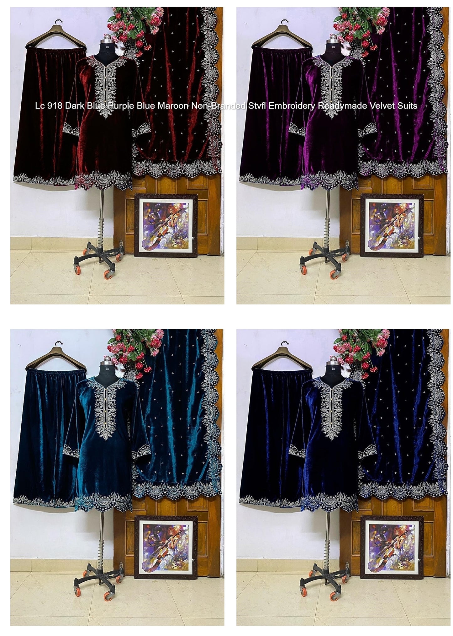 Lc 918 Dark Blue Purple Blue Maroon Non-Branded Stvfl Embroidery Readymade Velvet Suits