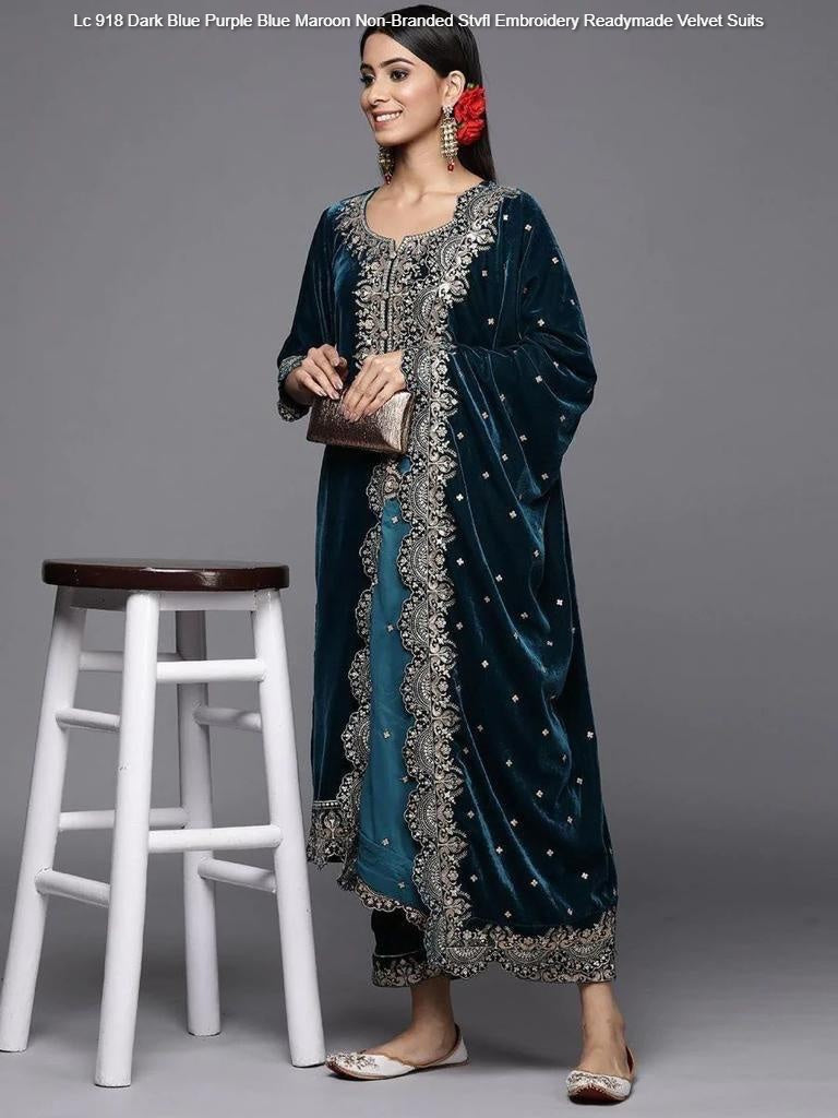 Lc 918 Dark Blue Purple Blue Maroon Non-Branded Stvfl Embroidery Readymade Velvet Suits