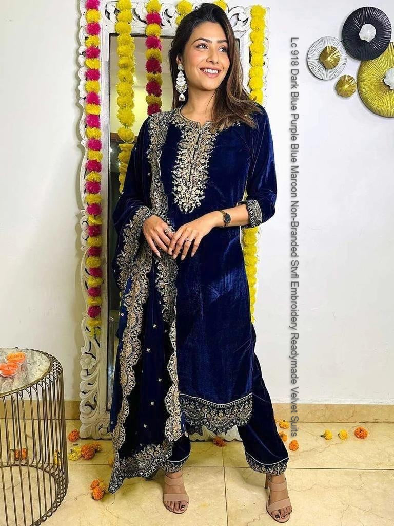 Lc 918 Dark Blue Purple Blue Maroon Non-Branded Stvfl Embroidery Readymade Velvet Suits