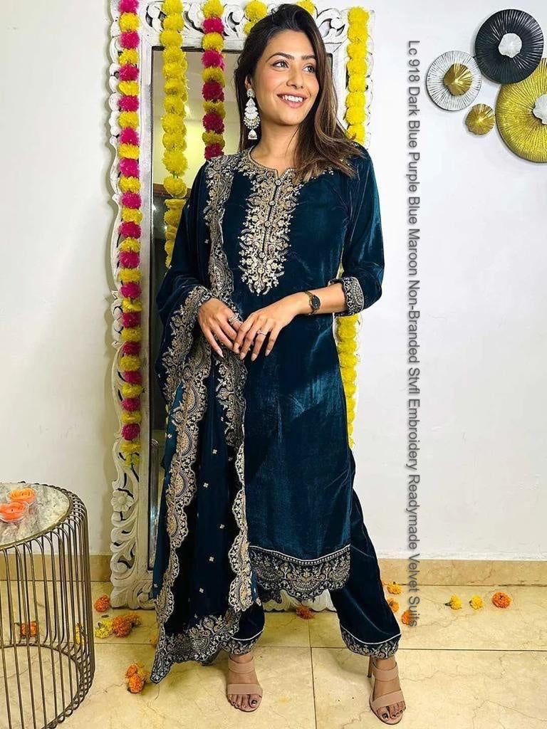 Lc 918 Dark Blue Purple Blue Maroon Non-Branded Stvfl Embroidery Readymade Velvet Suits