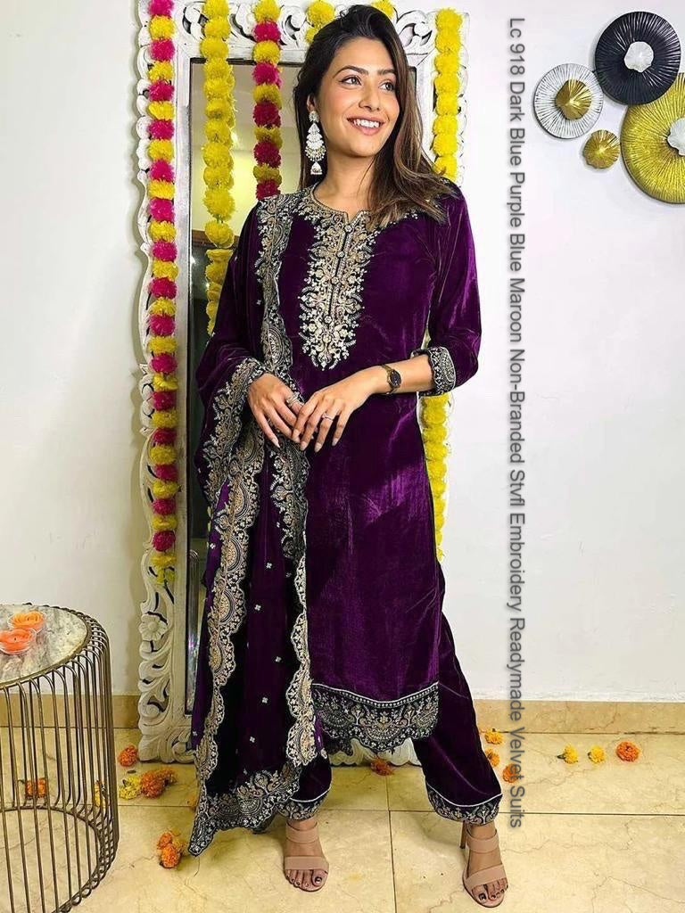 Lc 918 Dark Blue Purple Blue Maroon Non-Branded Stvfl Embroidery Readymade Velvet Suits