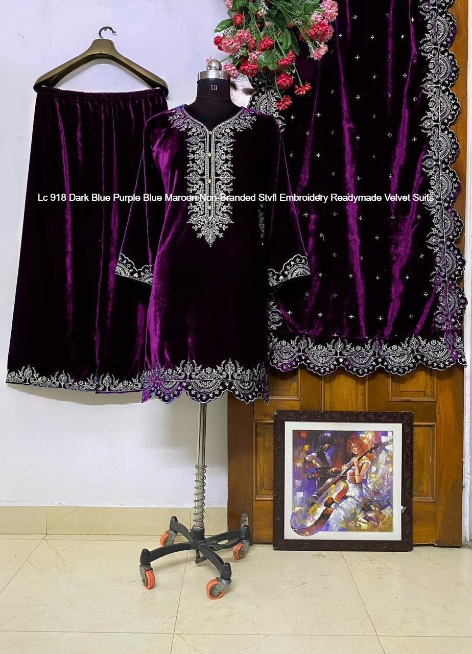 Lc 918 Dark Blue Purple Blue Maroon Non-Branded Stvfl Embroidery Readymade Velvet Suits