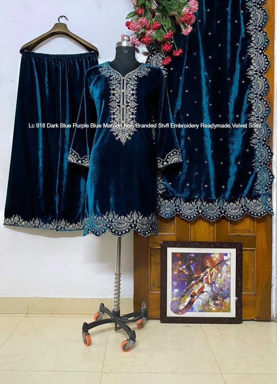 Lc 918 Dark Blue Purple Blue Maroon Non-Branded Stvfl Embroidery Readymade Velvet Suits