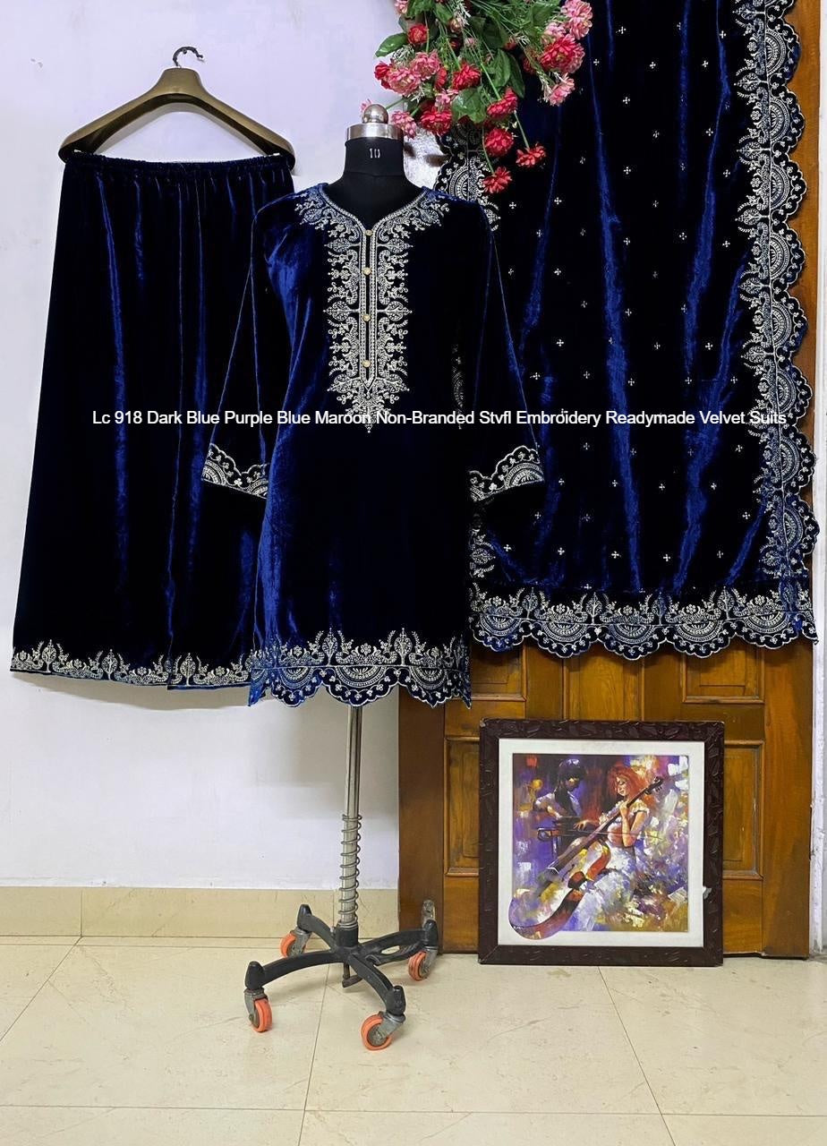 Lc 918 Dark Blue Purple Blue Maroon Non-Branded Stvfl Embroidery Readymade Velvet Suits