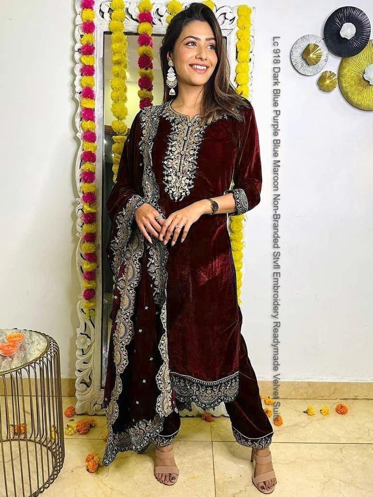 Lc 918 Dark Blue Purple Blue Maroon Non-Branded Stvfl Embroidery Readymade Velvet Suits