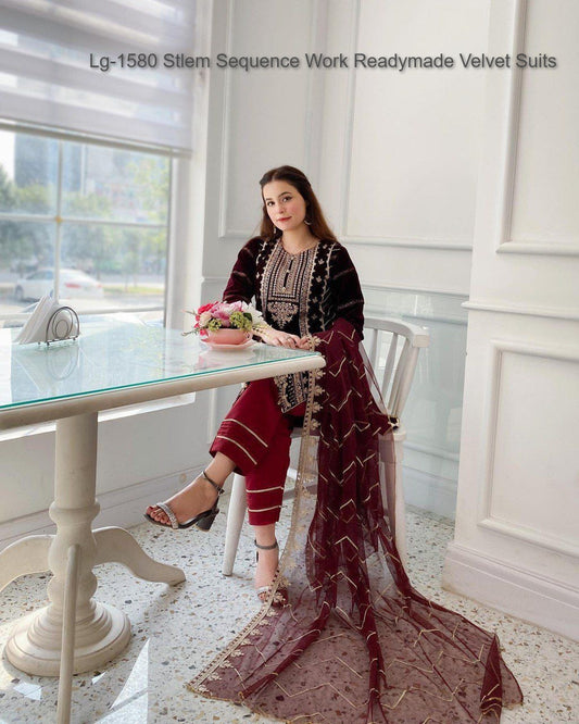 Lg-1580 Stlem Sequence Work Readymade Velvet Suits