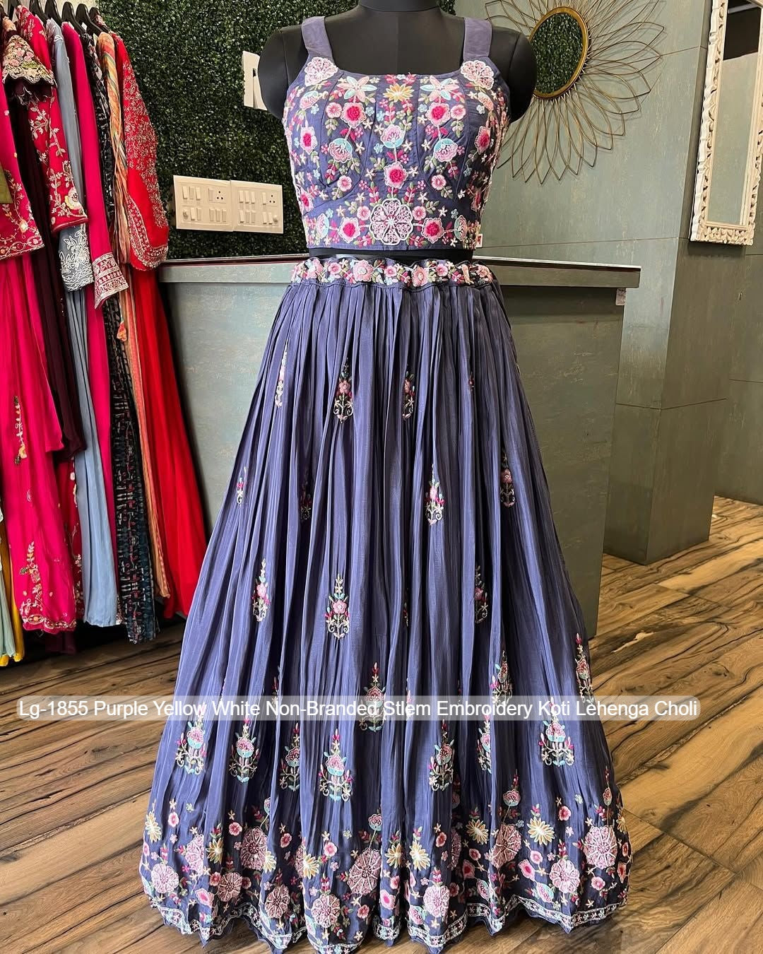 Lg-1855 Purple Yellow White Non-Branded Stlem Embroidery Koti Lehenga Choli