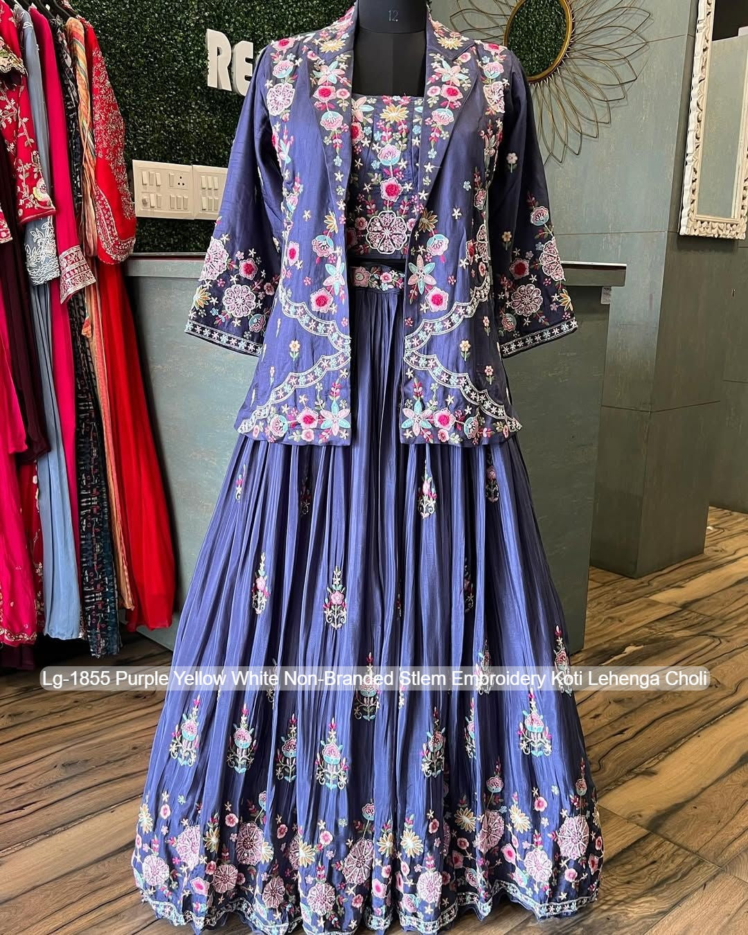 Lg-1855 Purple Yellow White Non-Branded Stlem Embroidery Koti Lehenga Choli