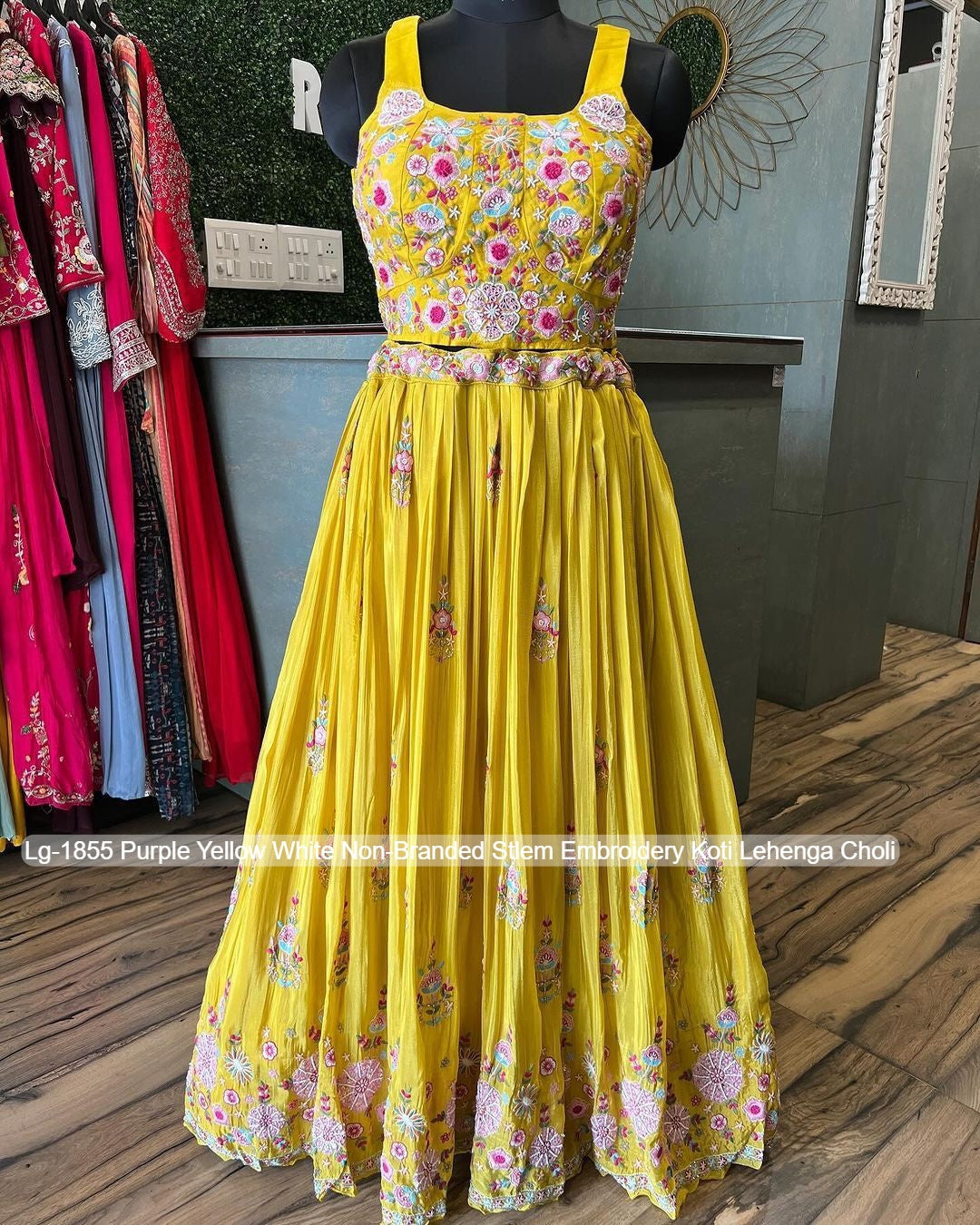 Lg-1855 Purple Yellow White Non-Branded Stlem Embroidery Koti Lehenga Choli