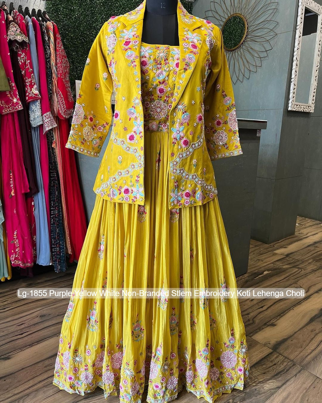 Lg-1855 Purple Yellow White Non-Branded Stlem Embroidery Koti Lehenga Choli