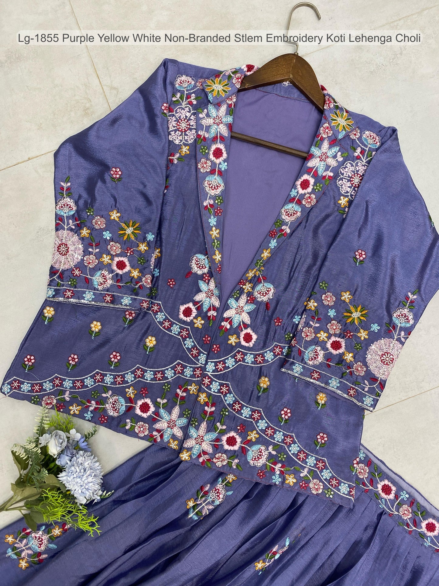 Lg-1855 Purple Yellow White Non-Branded Stlem Embroidery Koti Lehenga Choli
