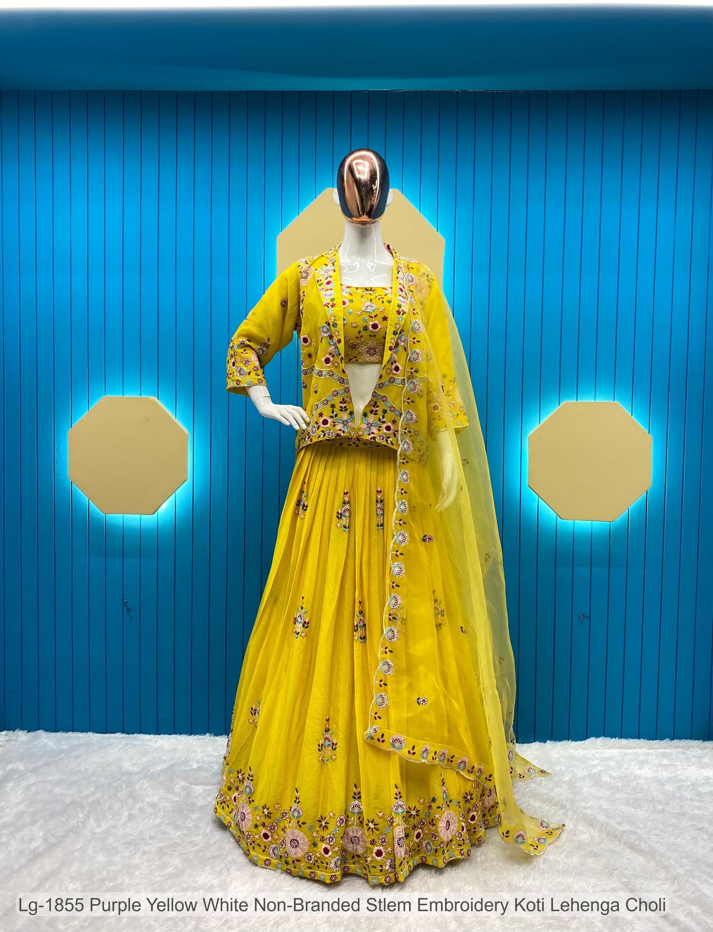 Lg-1855 Purple Yellow White Non-Branded Stlem Embroidery Koti Lehenga Choli
