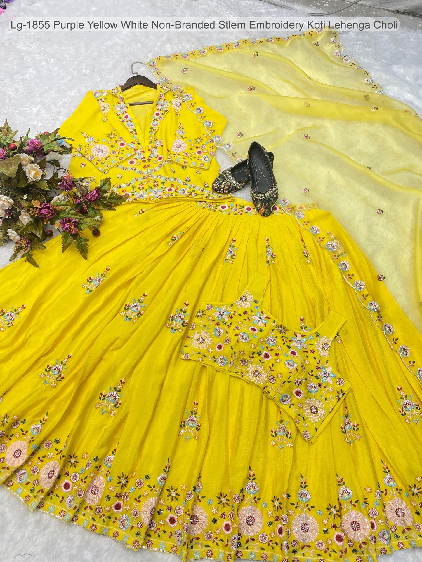 Lg-1855 Purple Yellow White Non-Branded Stlem Embroidery Koti Lehenga Choli