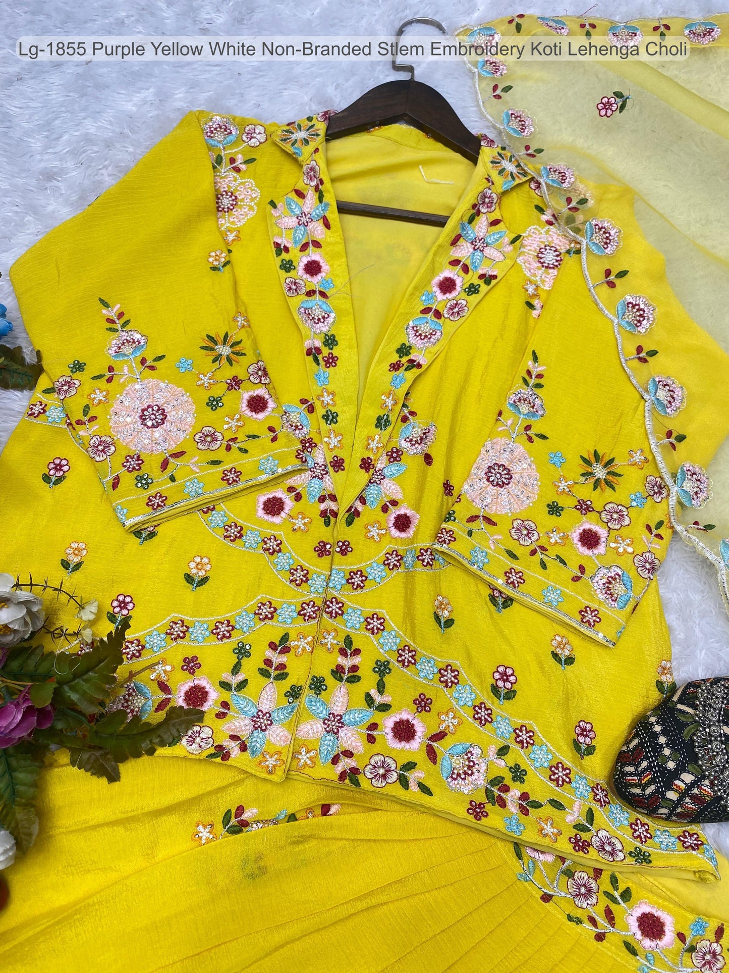 Lg-1855 Purple Yellow White Non-Branded Stlem Embroidery Koti Lehenga Choli