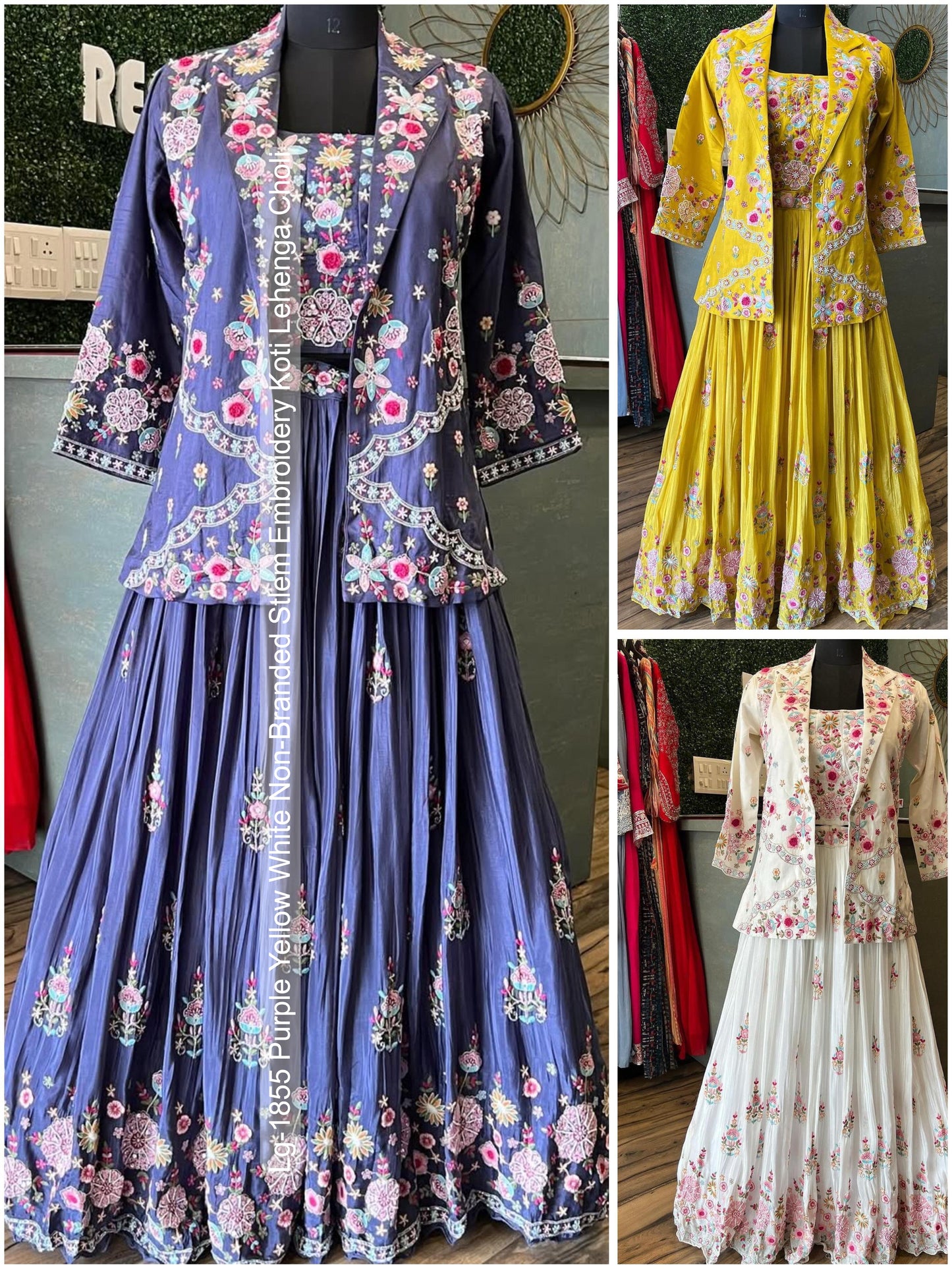 Lg-1855 Purple Yellow White Non-Branded Stlem Embroidery Koti Lehenga Choli