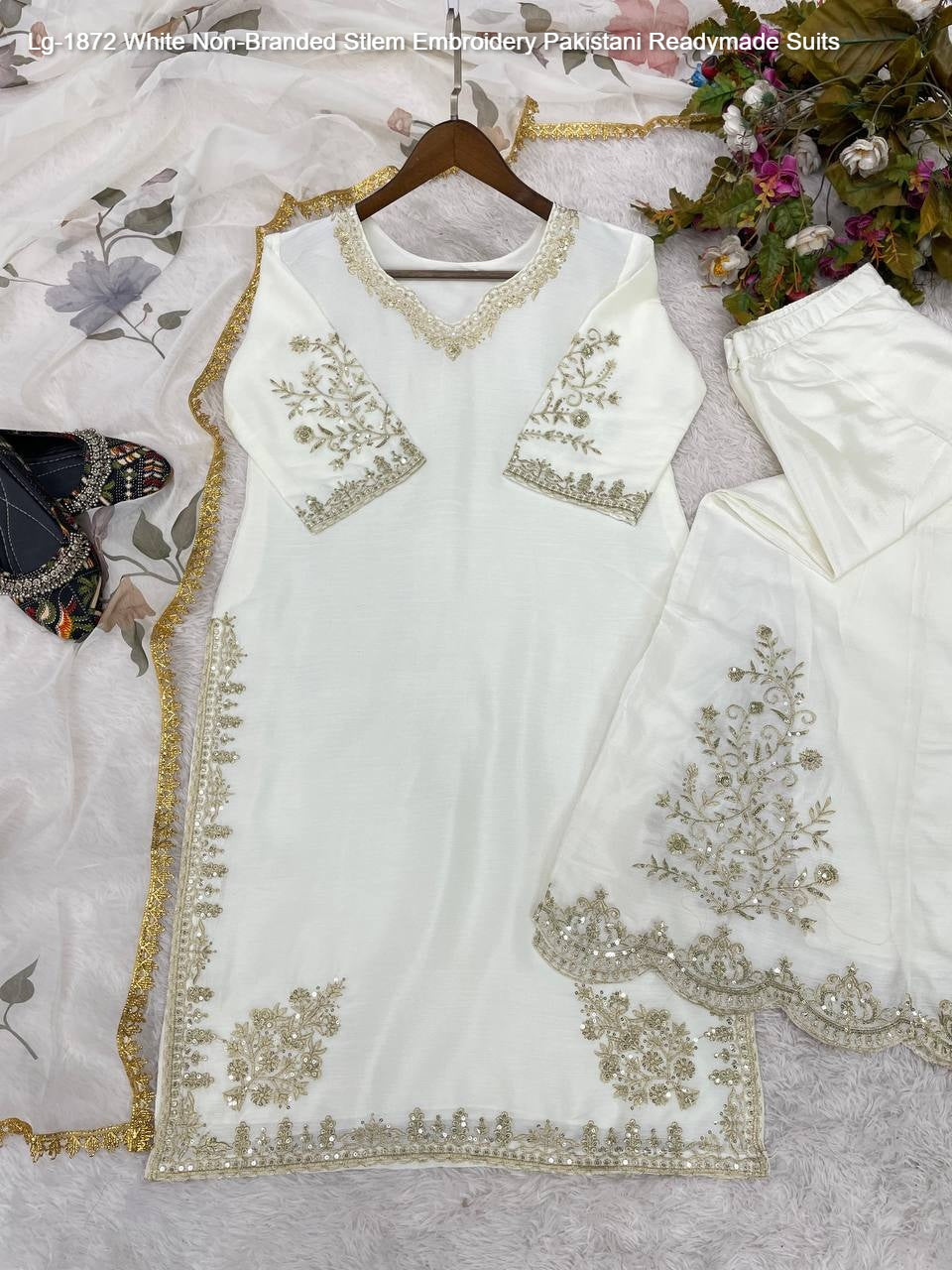 Lg-1872 White Non-Branded Stlem Embroidery Pakistani Readymade Suits