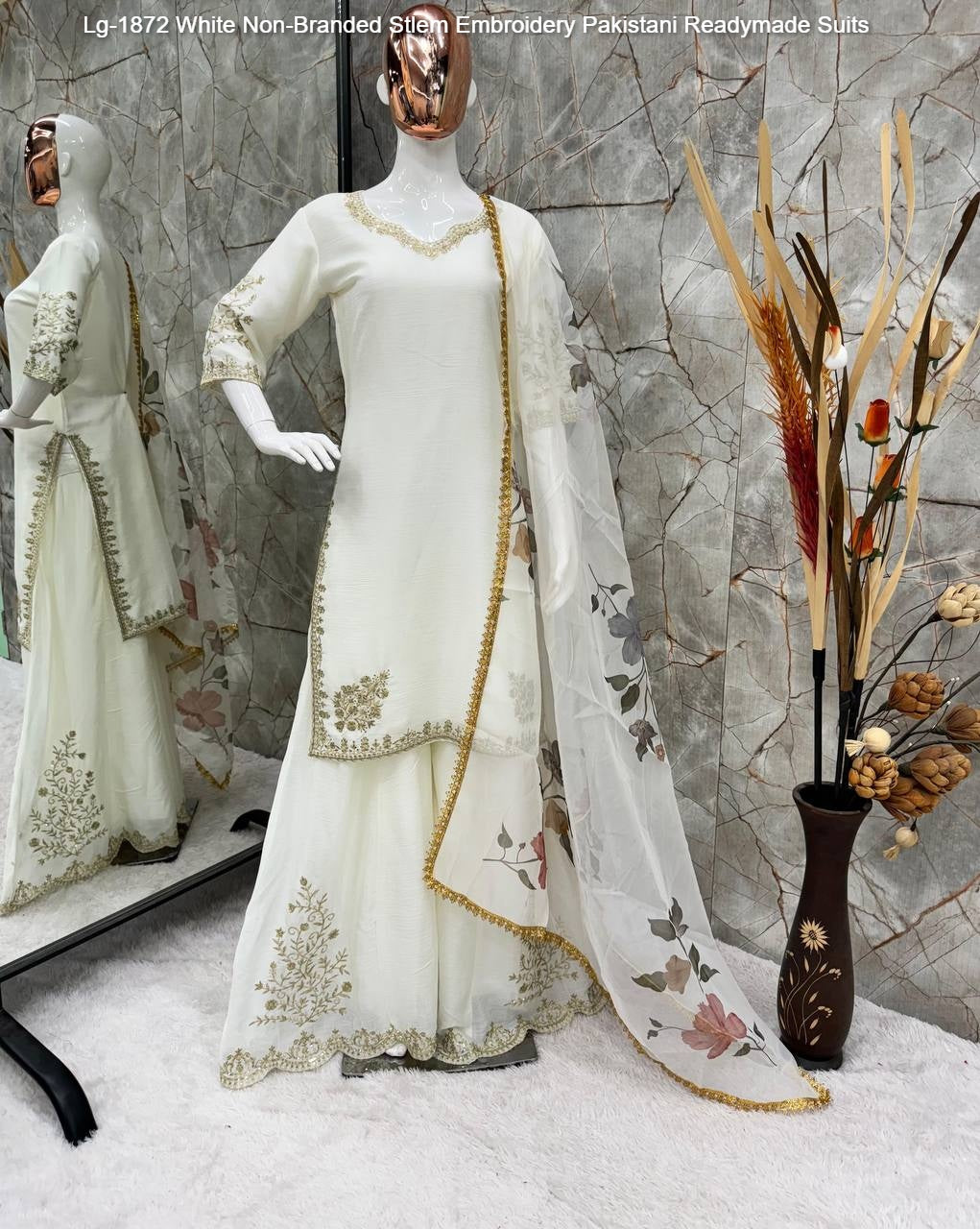 Lg-1872 White Non-Branded Stlem Embroidery Pakistani Readymade Suits