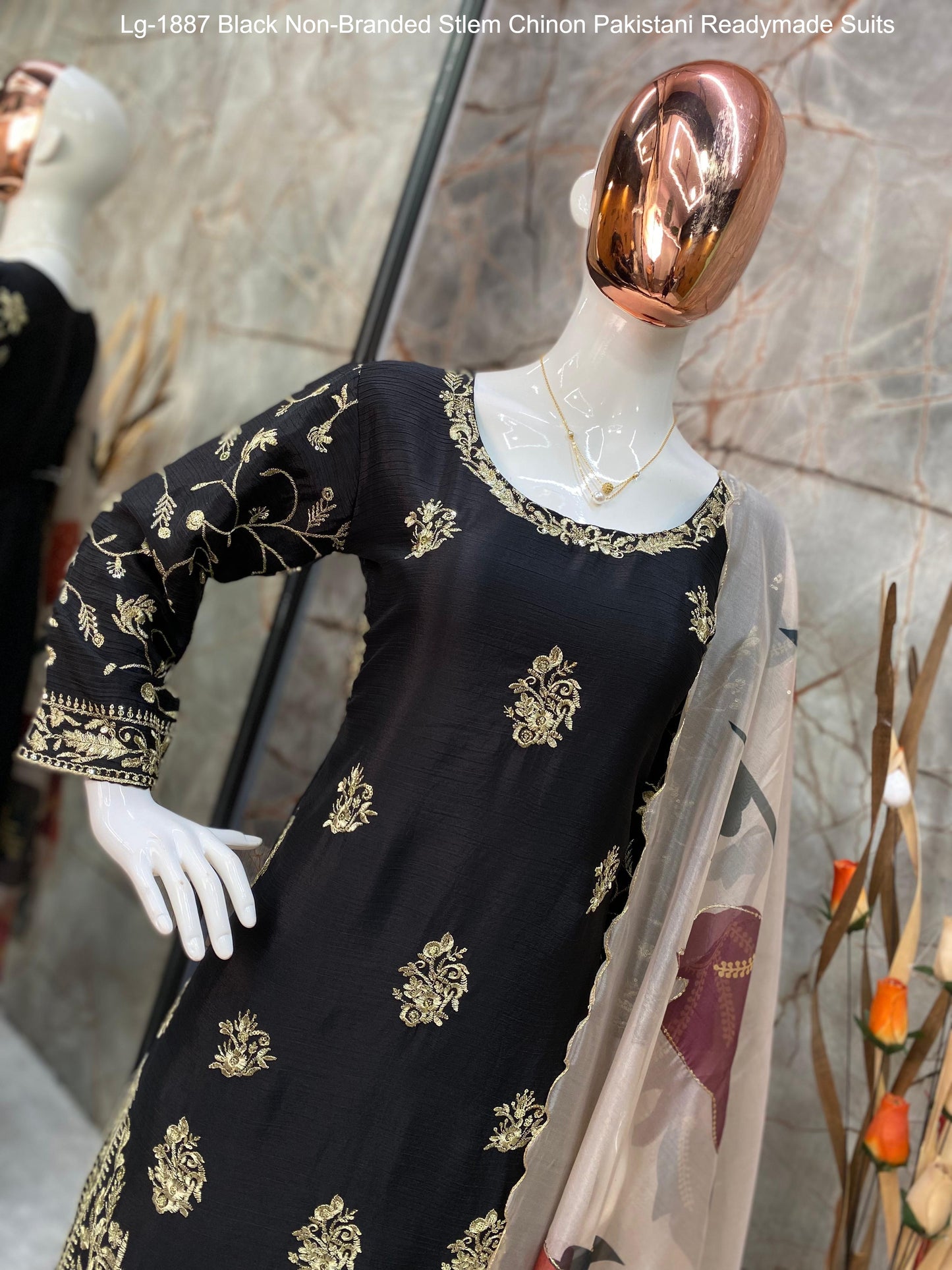 Lg-1887 Black Non-Branded Stlem Chinon Pakistani Readymade Suits