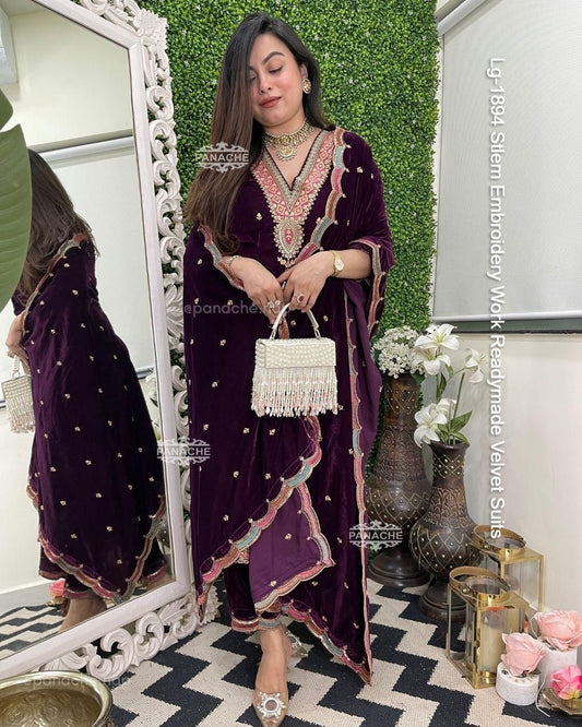 Lg-1894 Stlem Embroidery Work Readymade Velvet Suits