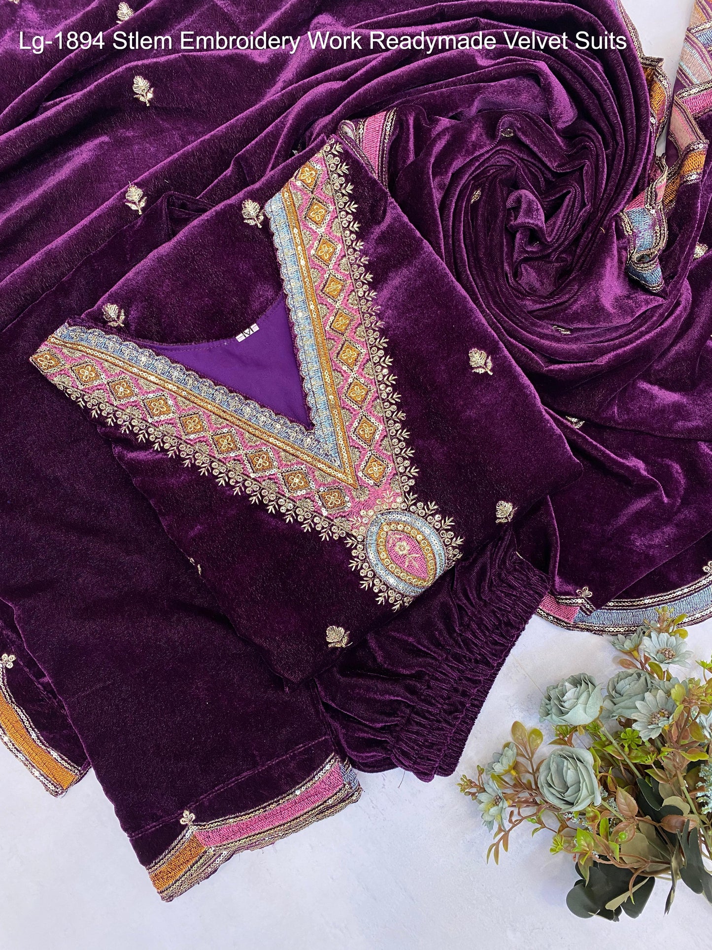 Lg-1894 Stlem Embroidery Work Readymade Velvet Suits