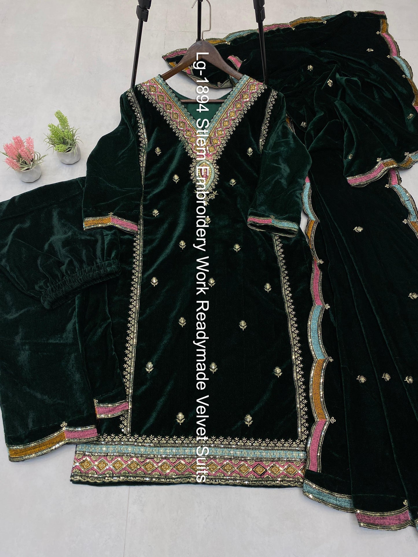 Lg-1894 Stlem Embroidery Work Readymade Velvet Suits