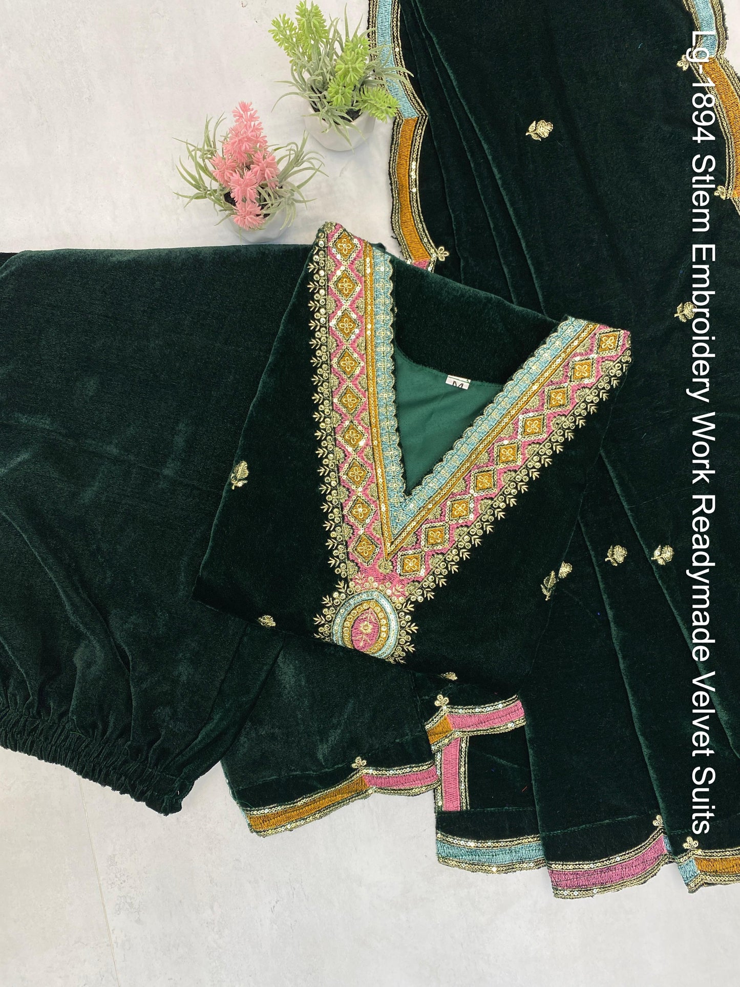 Lg-1894 Stlem Embroidery Work Readymade Velvet Suits