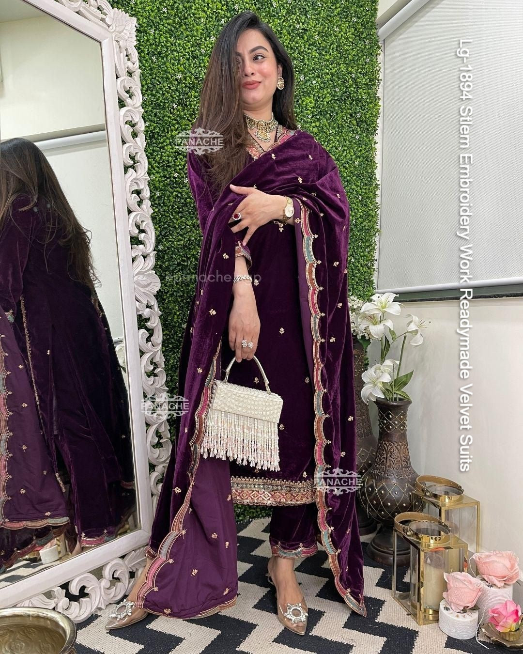 Lg-1894 Stlem Embroidery Work Readymade Velvet Suits