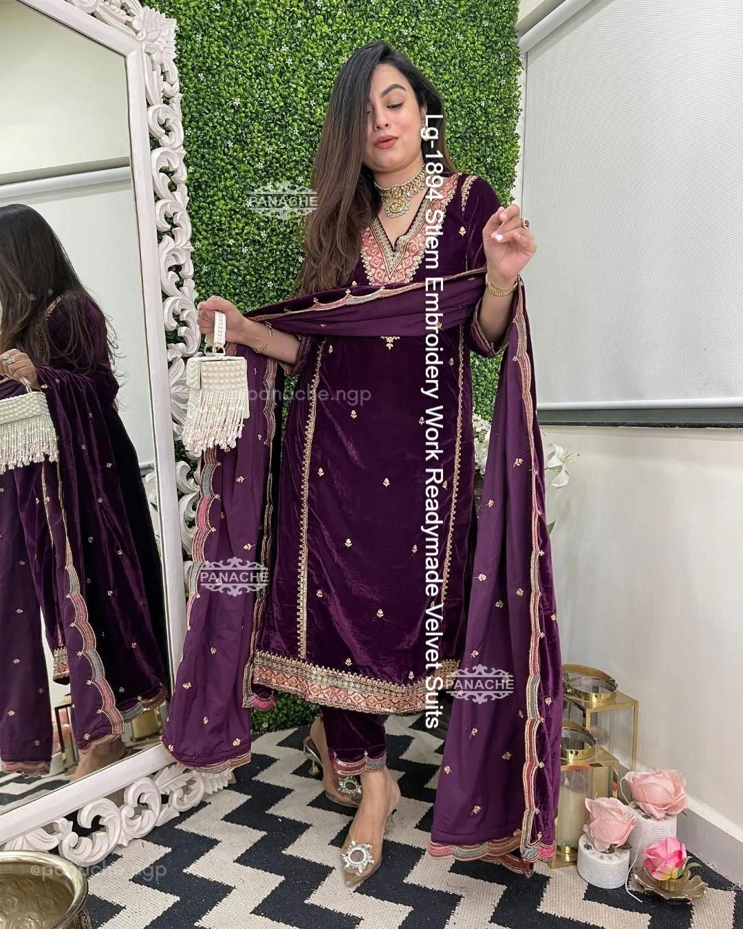 Lg-1894 Stlem Embroidery Work Readymade Velvet Suits