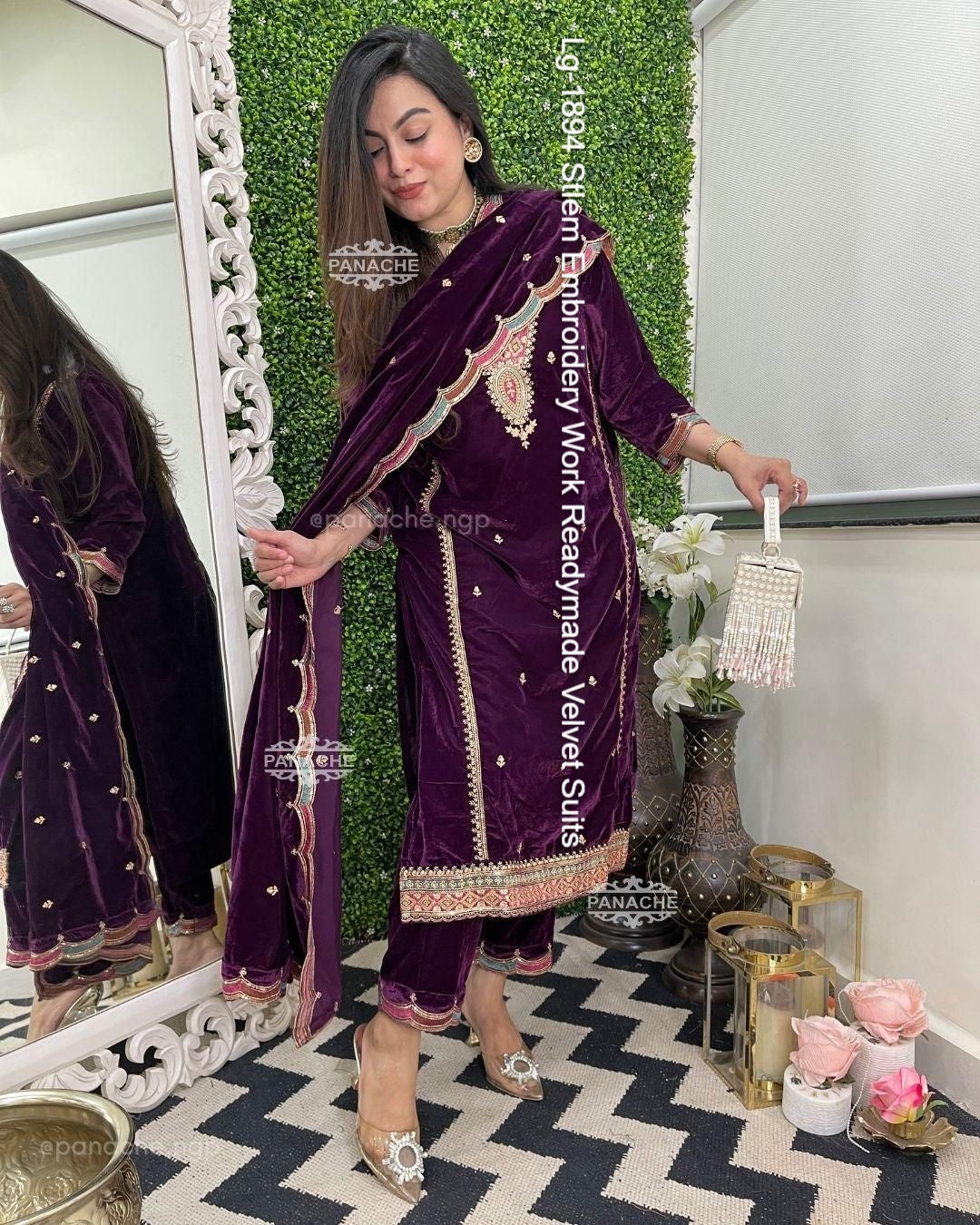 Lg-1894 Stlem Embroidery Work Readymade Velvet Suits