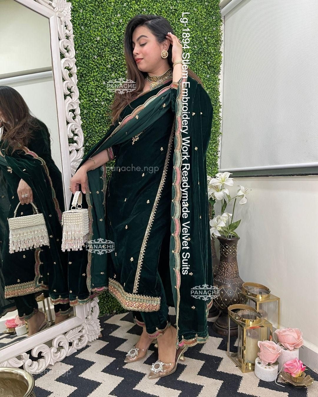 Lg-1894 Stlem Embroidery Work Readymade Velvet Suits