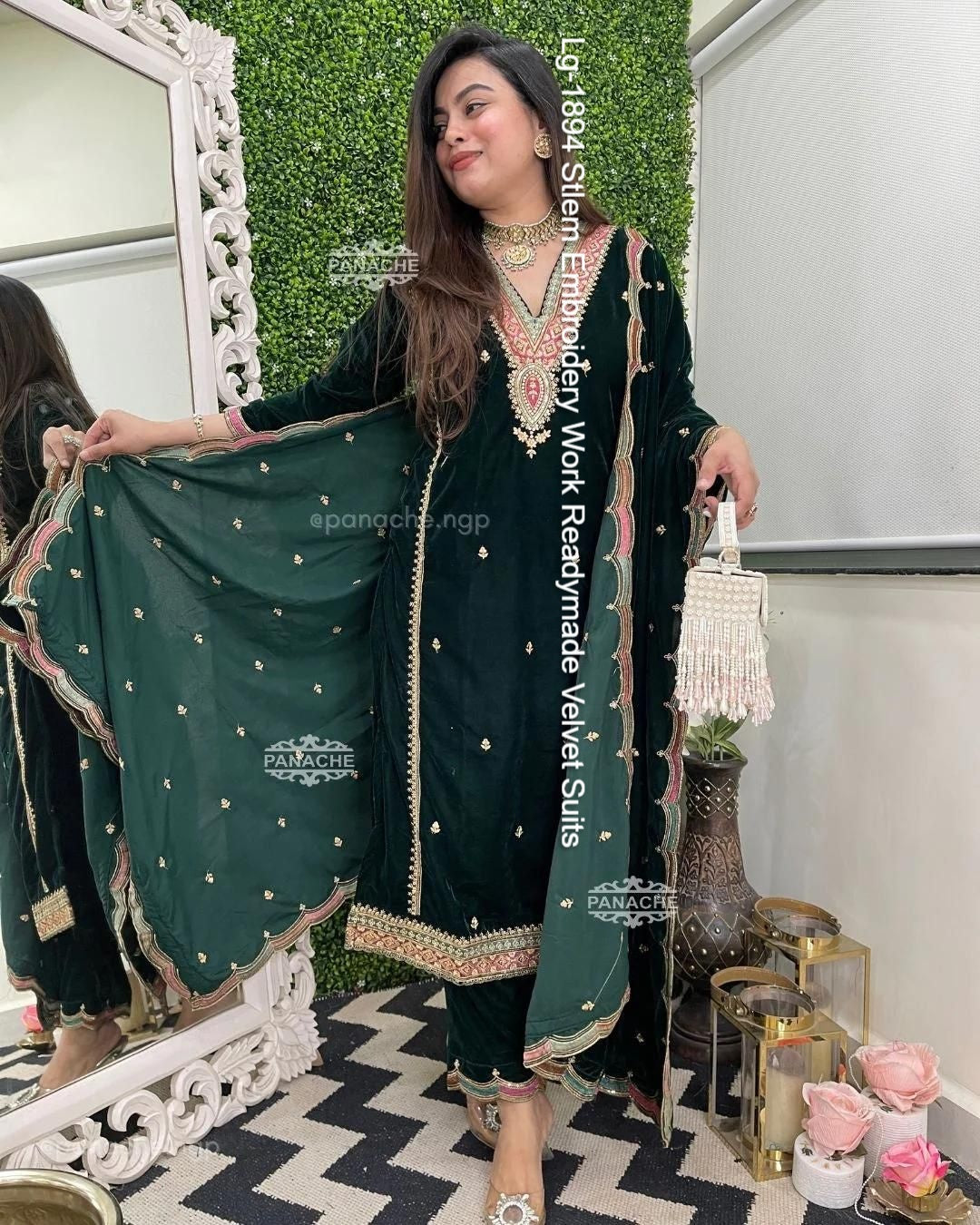Lg-1894 Stlem Embroidery Work Readymade Velvet Suits