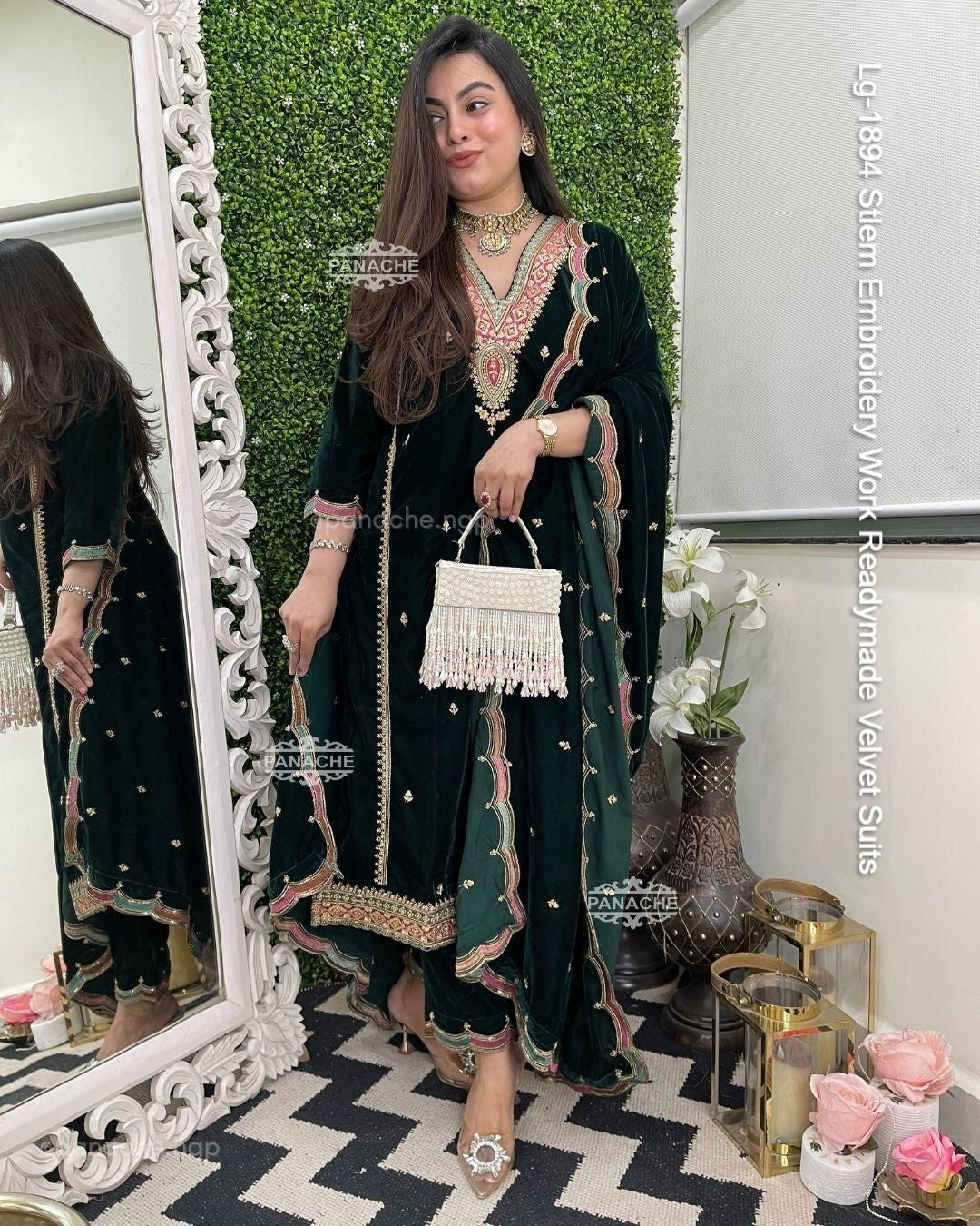 Lg-1894 Stlem Embroidery Work Readymade Velvet Suits