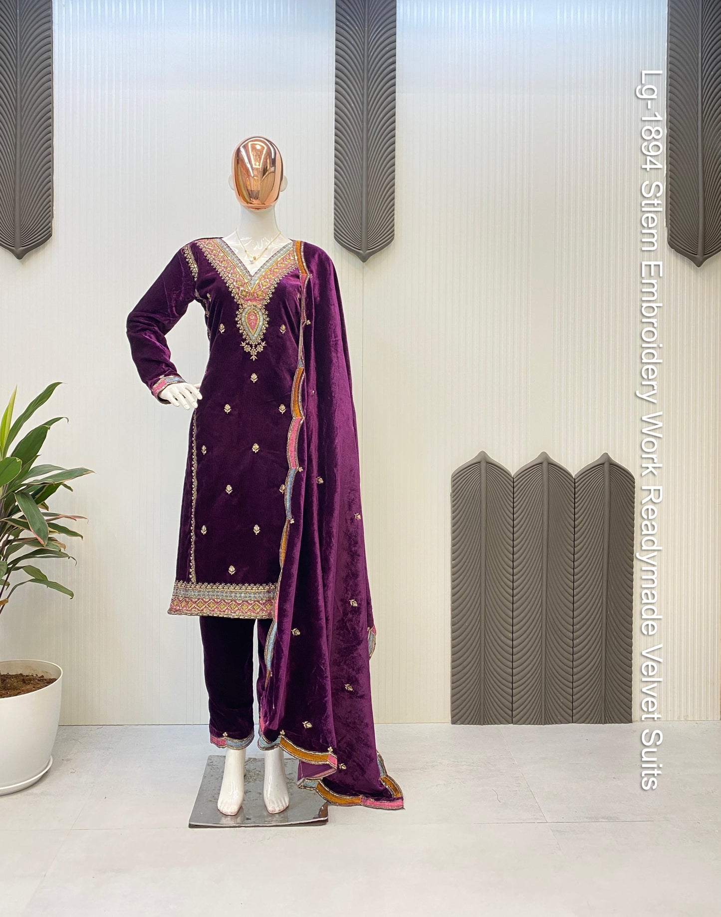 Lg-1894 Stlem Embroidery Work Readymade Velvet Suits