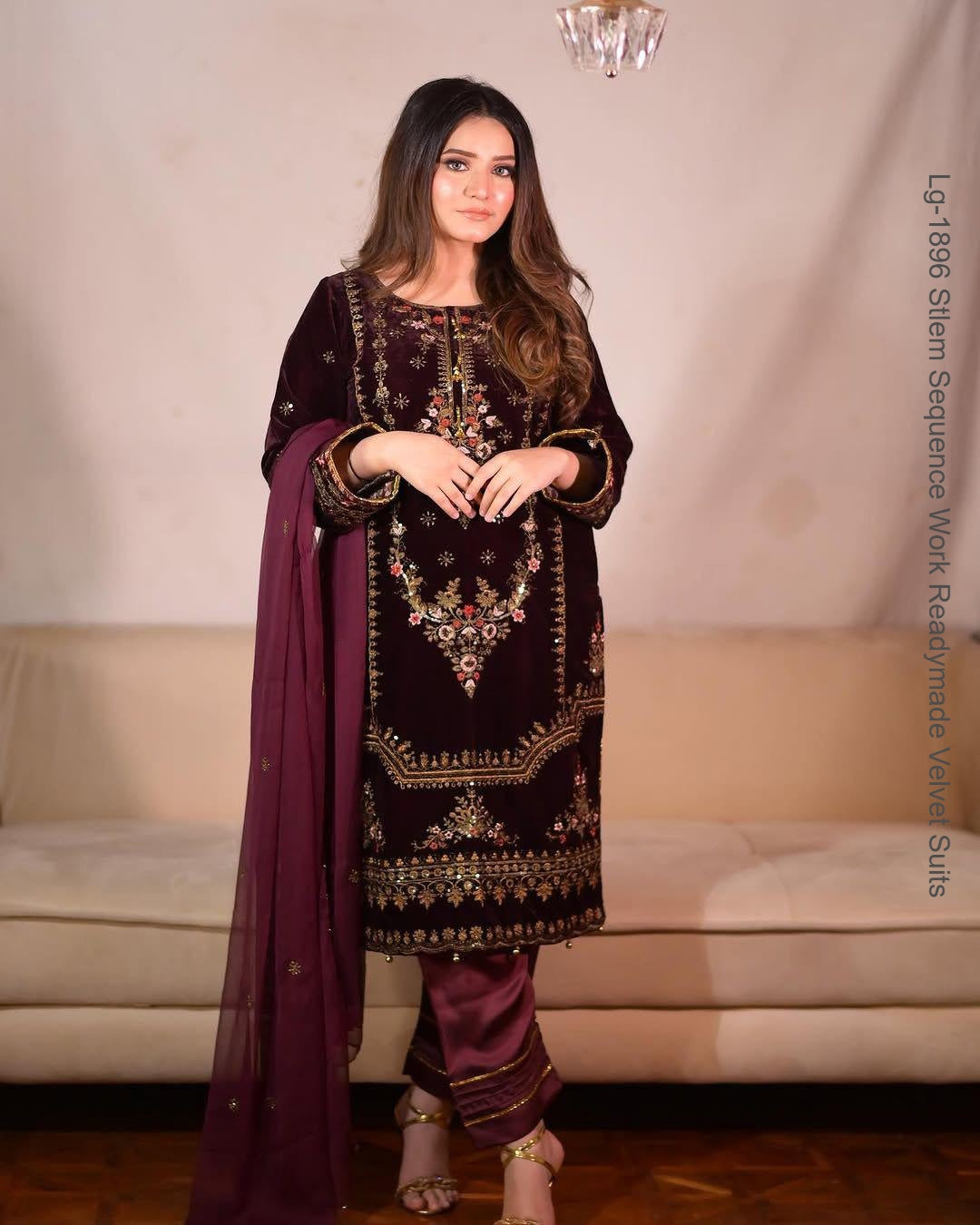 Lg-1896 Stlem Sequence Work Readymade Velvet Suits