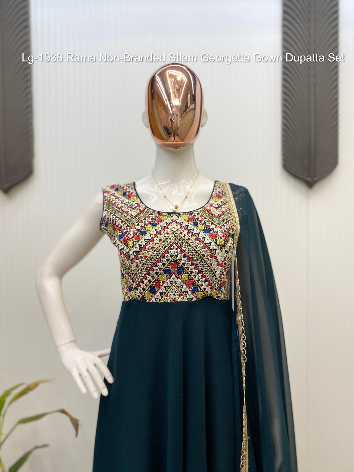 Lg-1938 Rama Non-Branded Stlem Georgette Gown Dupatta Set