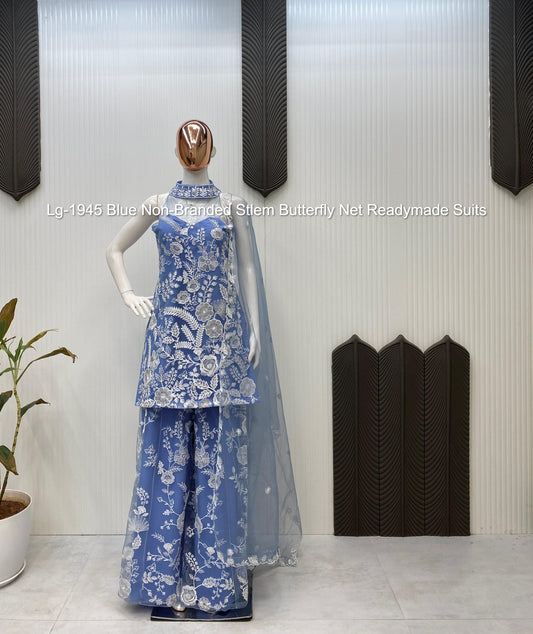 Lg-1945 Blue Non-Branded Stlem Butterfly Net Readymade Suits