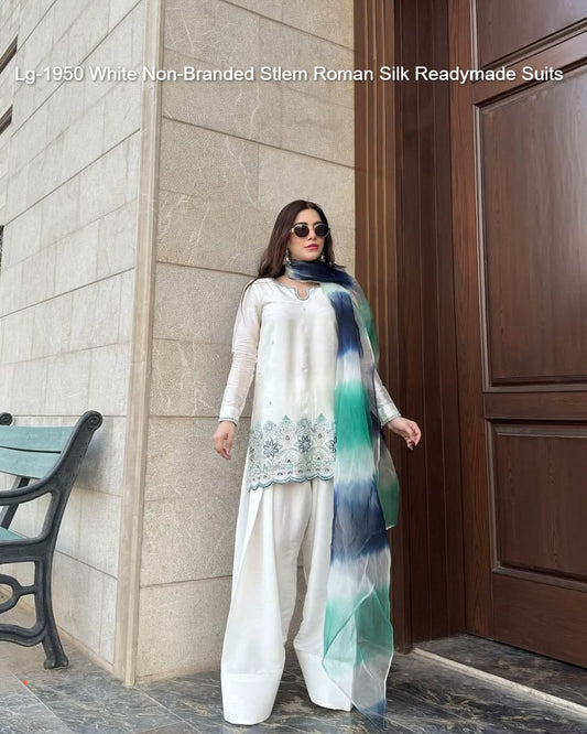 Lg-1950 White Non-Branded Stlem Roman Silk Readymade Suits