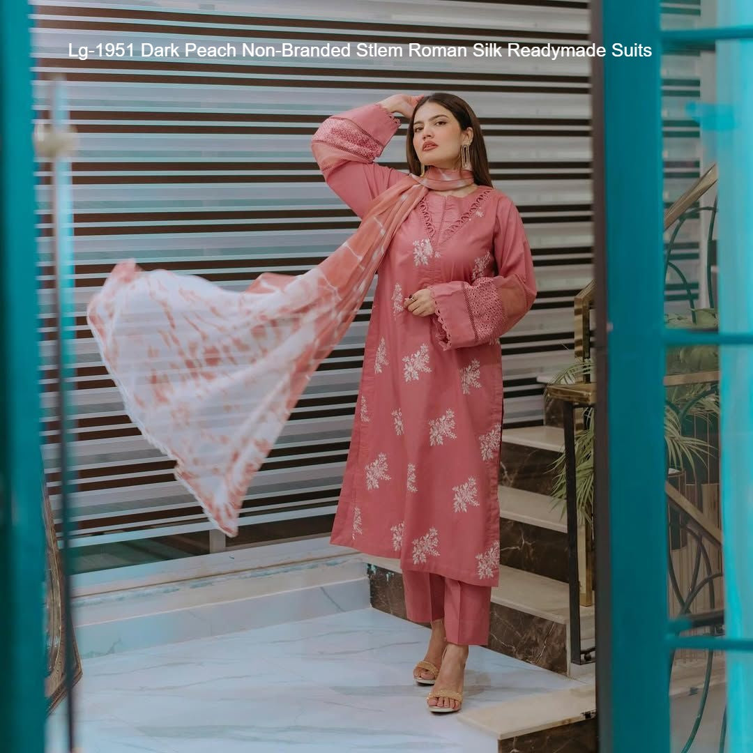 Lg-1951 Dark Peach Non-Branded Stlem Roman Silk Readymade Suits