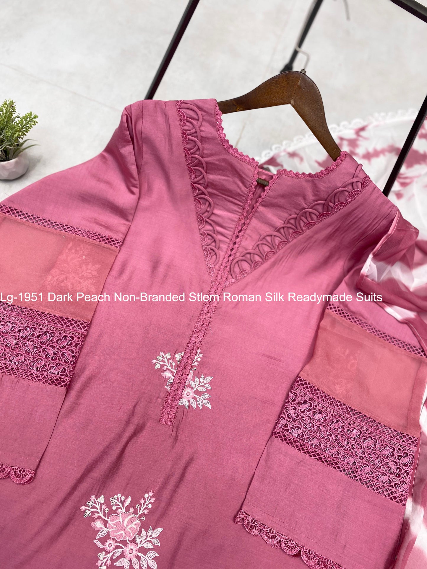 Lg-1951 Dark Peach Non-Branded Stlem Roman Silk Readymade Suits