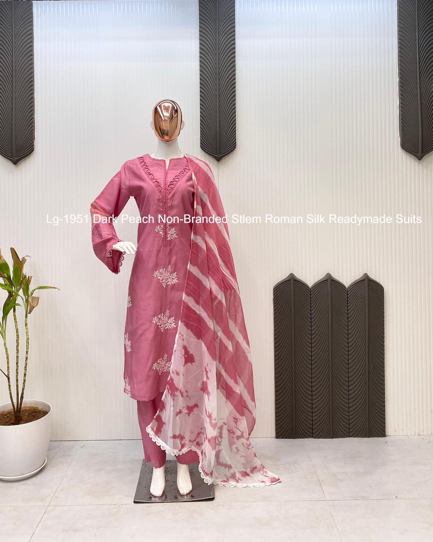 Lg-1951 Dark Peach Non-Branded Stlem Roman Silk Readymade Suits