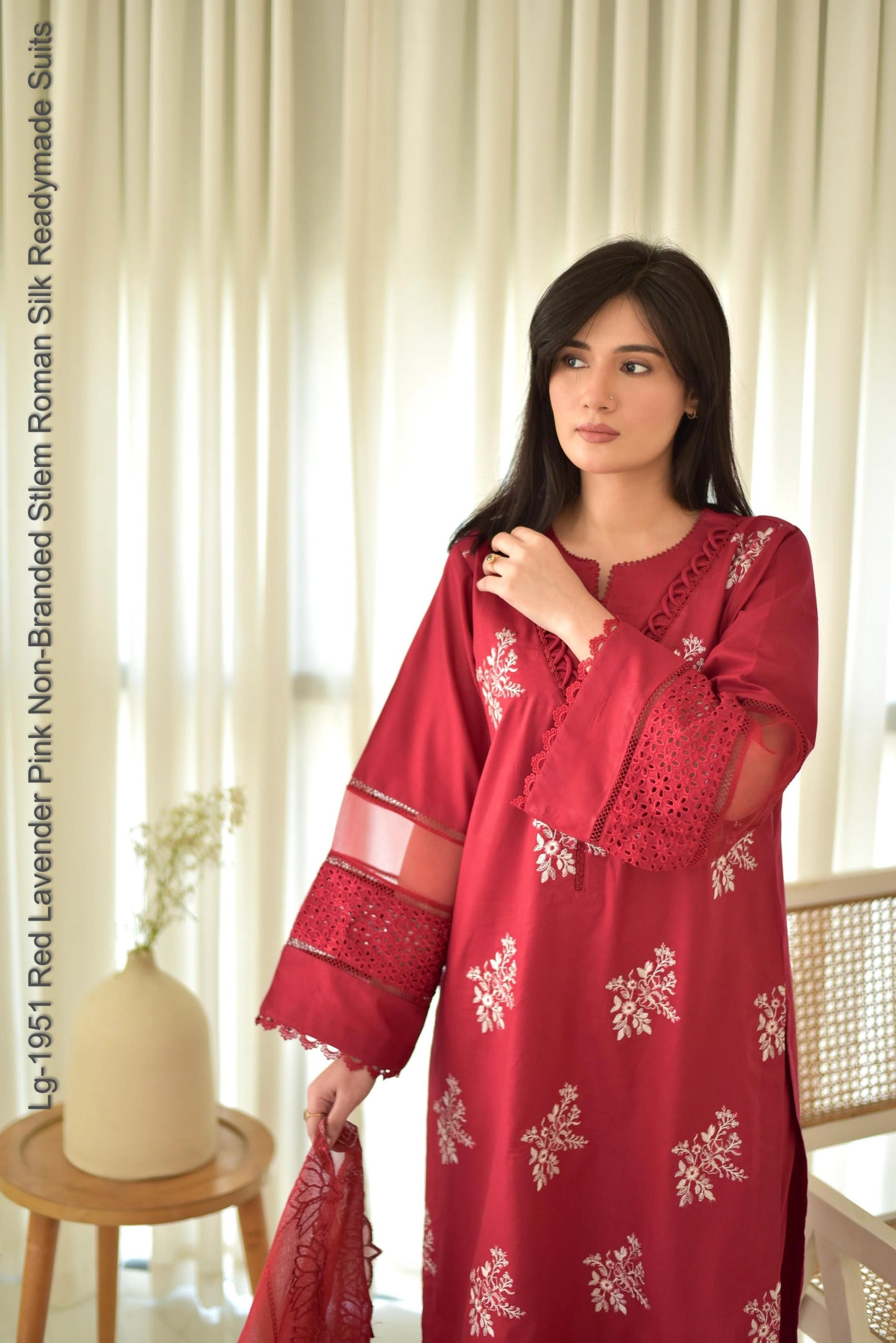 Lg-1951 Red Lavender Pink Non-Branded Stlem Roman Silk Readymade Suits