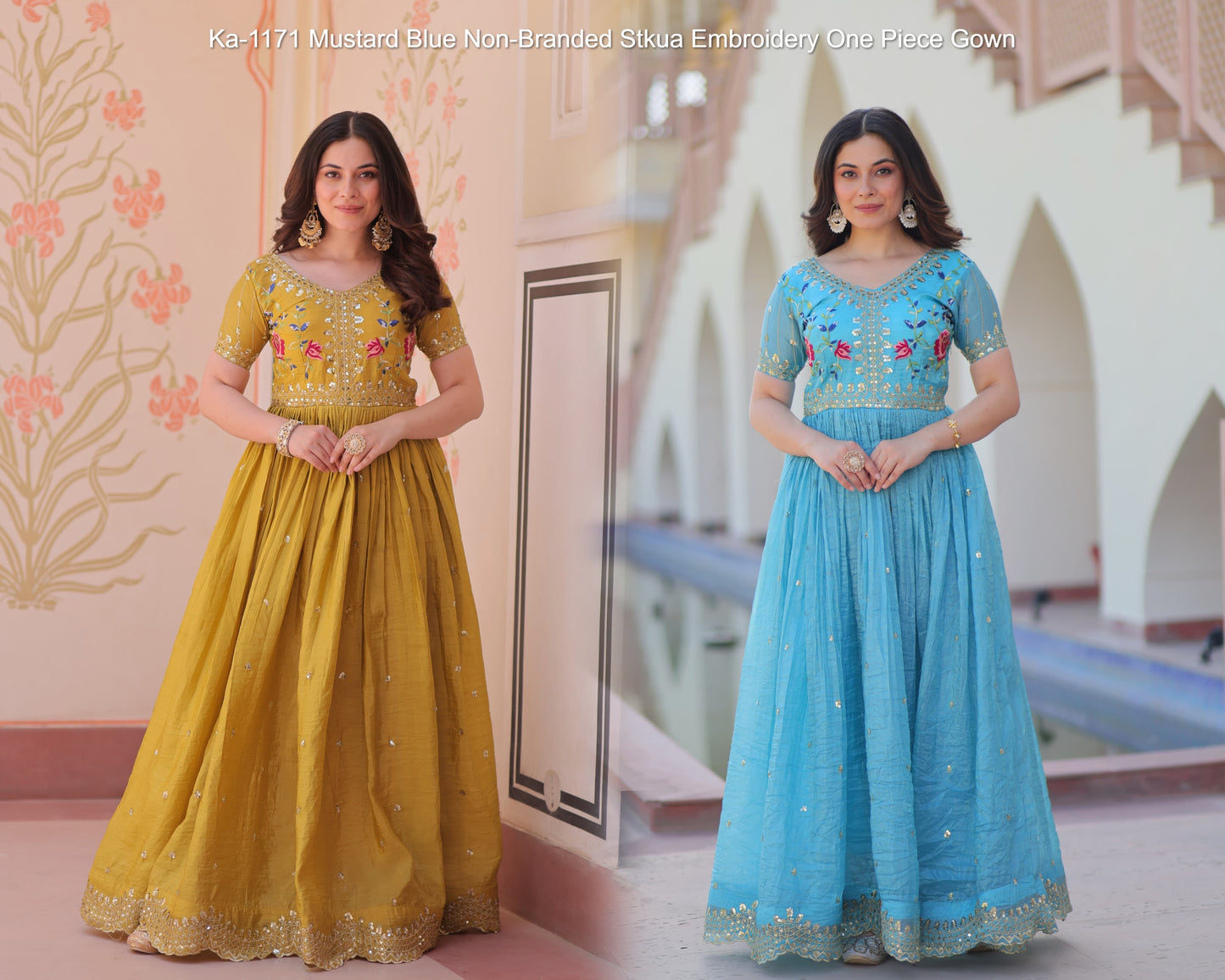 Ka-1171 Mustard Blue Non-Branded Stkua Embroidery One Piece Gown