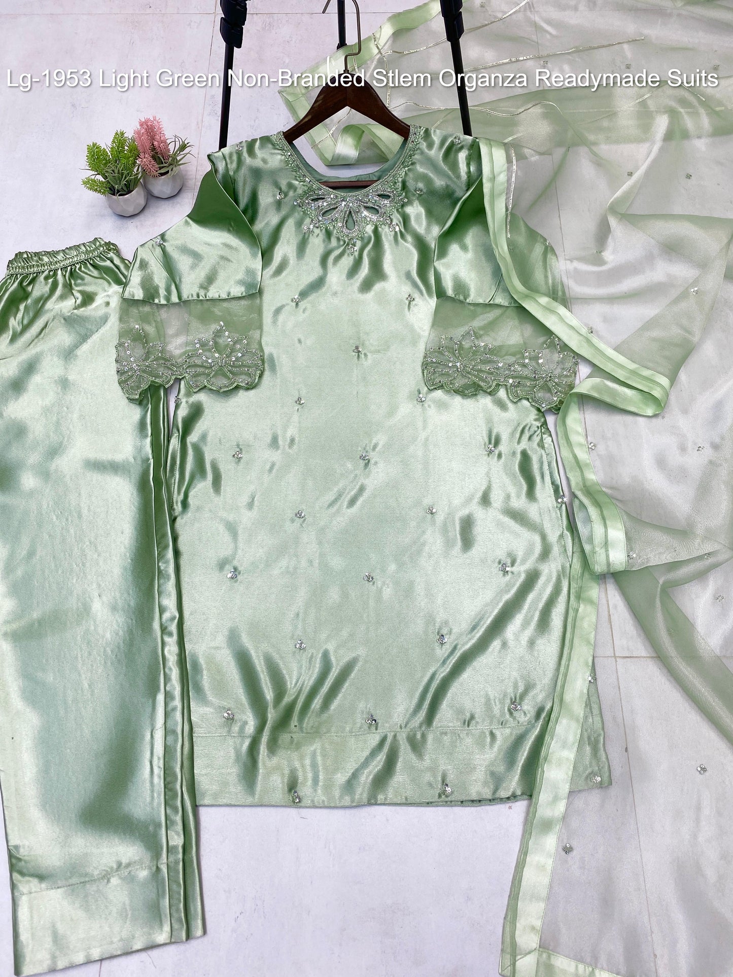 Lg-1953 Light Green Non-Branded Stlem Organza Readymade Suits