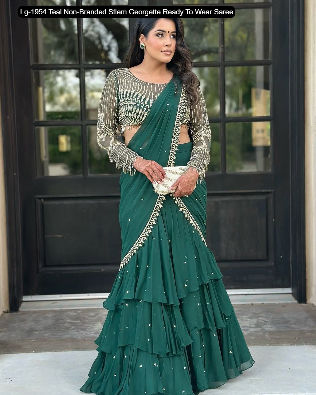 Lg-1954 Teal Non-Branded Stlem Georgette Ready To Wear Saree