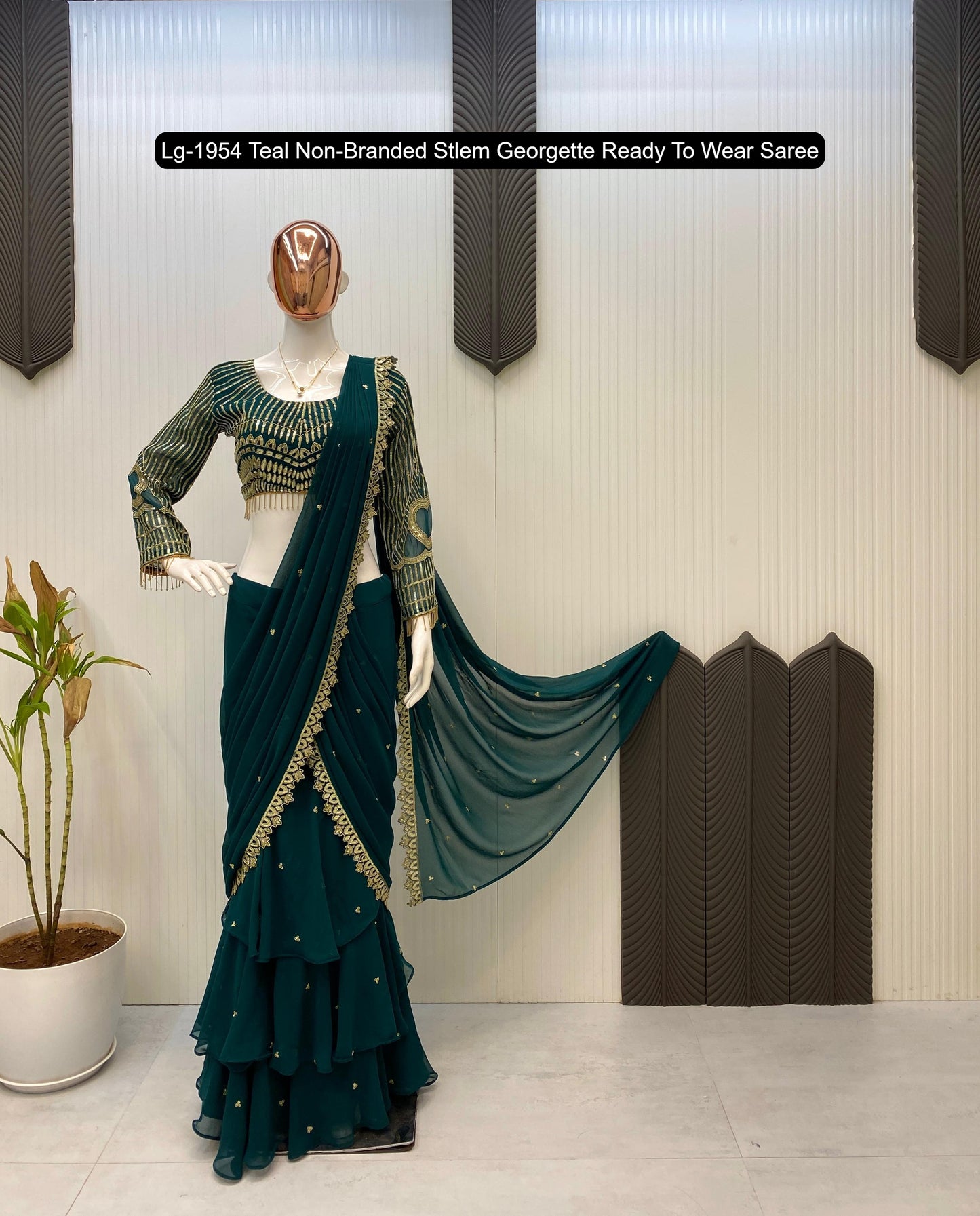 Lg-1954 Teal Non-Branded Stlem Georgette Ready To Wear Saree
