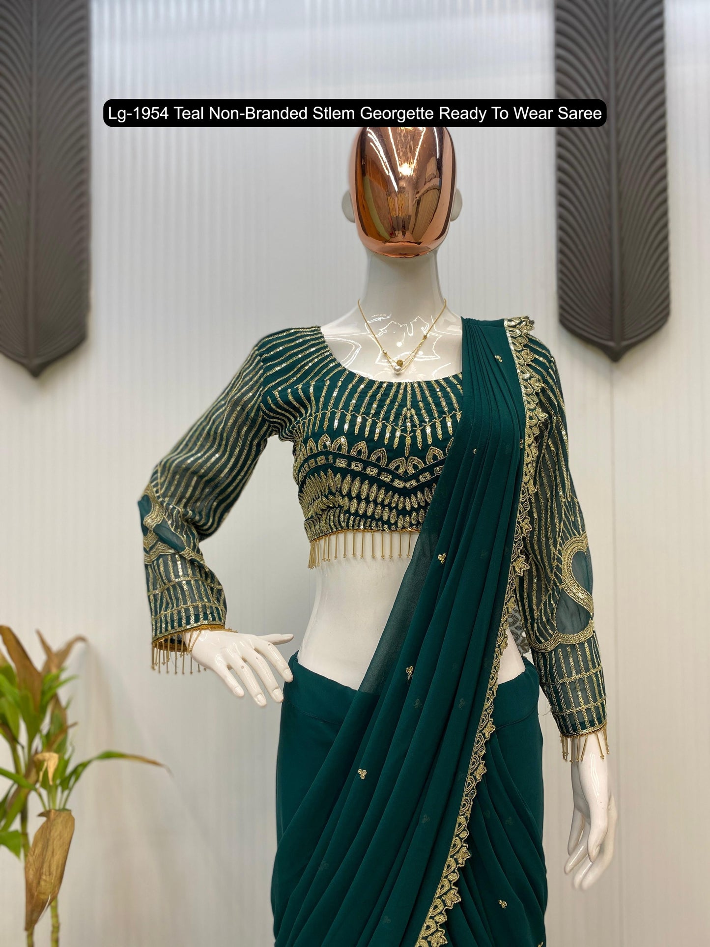 Lg-1954 Teal Non-Branded Stlem Georgette Ready To Wear Saree
