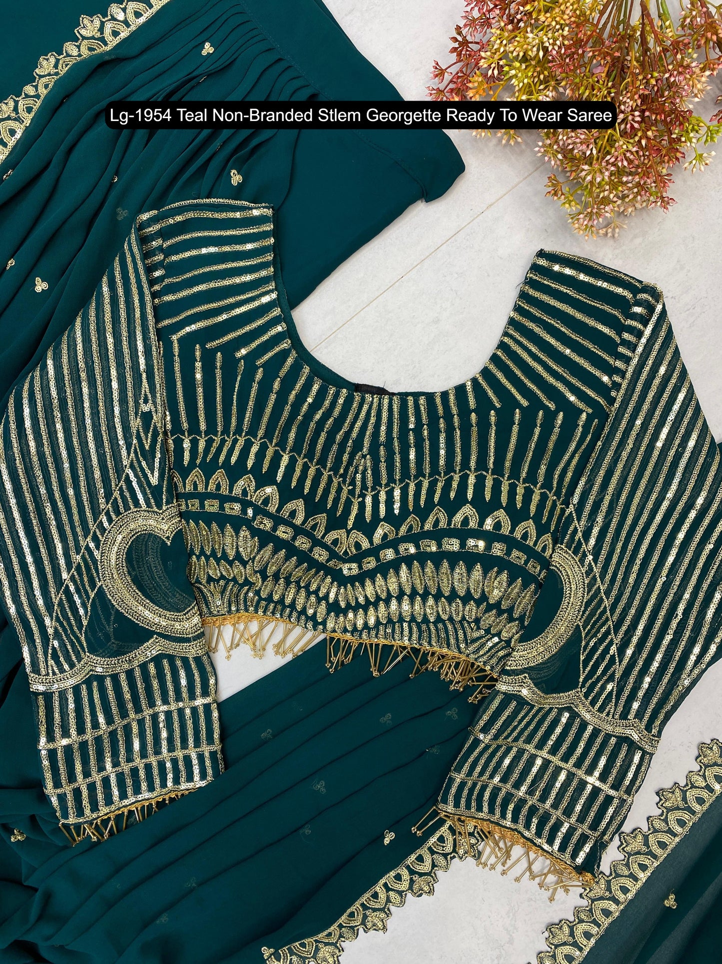 Lg-1954 Teal Non-Branded Stlem Georgette Ready To Wear Saree