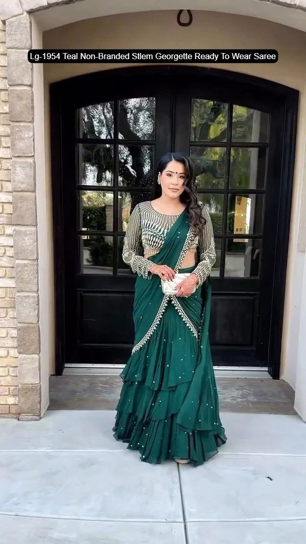 Lg-1954 Teal Non-Branded Stlem Georgette Ready To Wear Saree