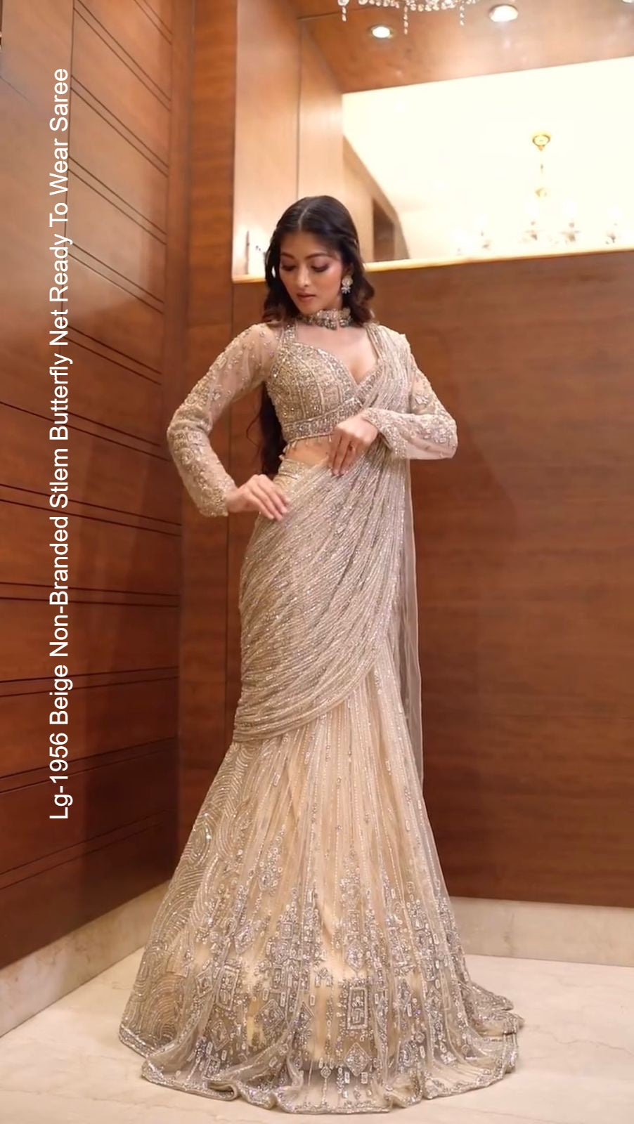 Lg-1956 Beige Non-Branded Stlem Butterfly Net Ready To Wear Saree